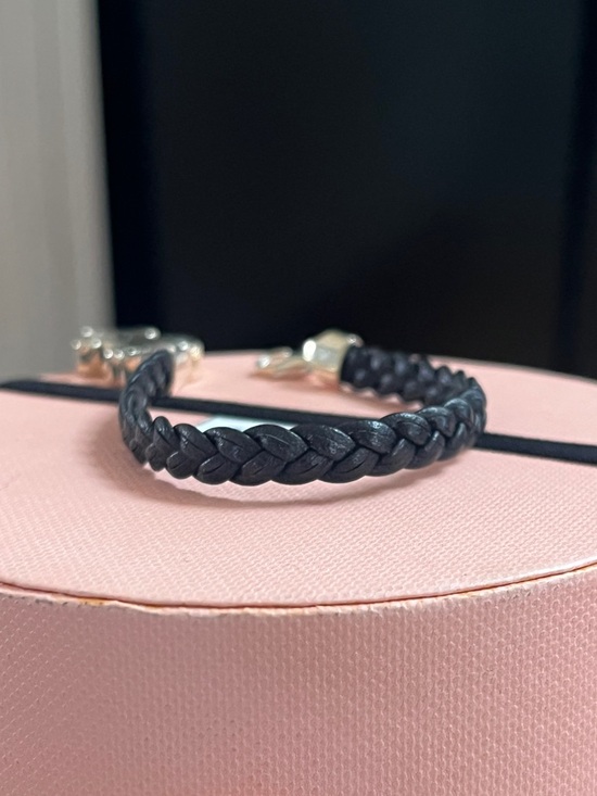 TOUS Black Braided Leather Bracelet with Classic Motif Silver Bear Charm